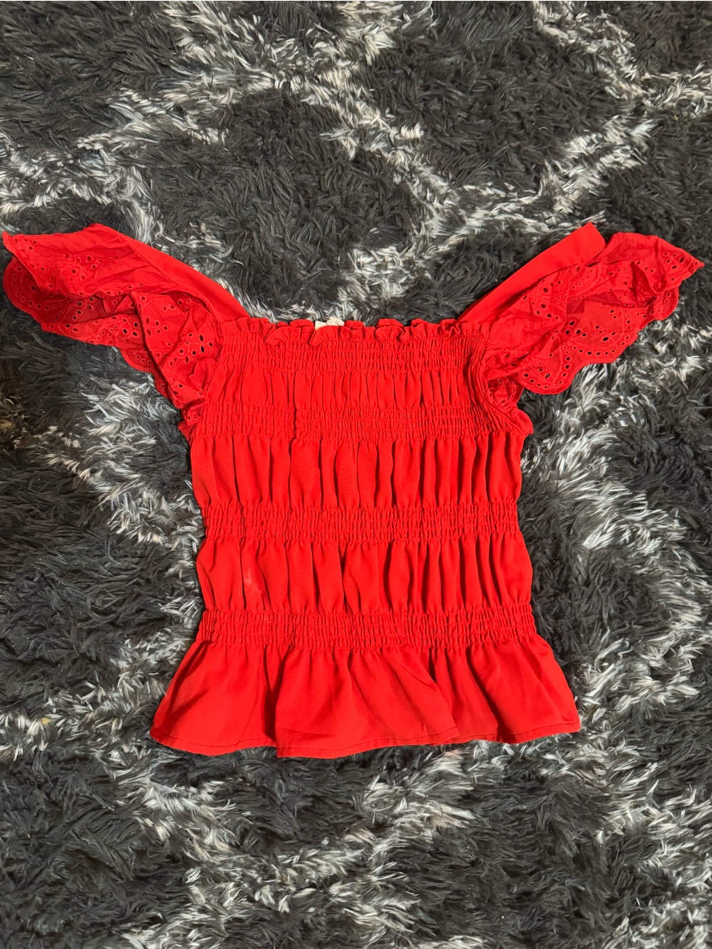 Red Smocked Off-Shoulder Crop Top with Eyelet Ruffle Sleeves